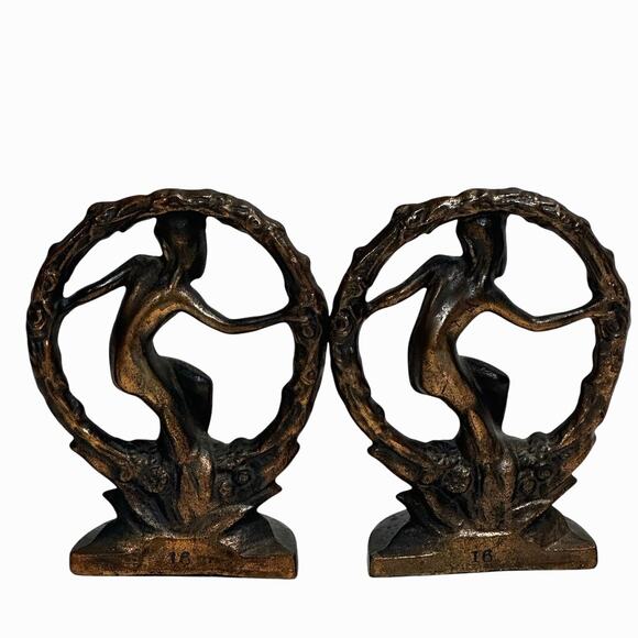Antique Art Nouveau Heavy Cast 'Nude in Wreath' Set of Bookends Bronze Finish - Picture 3 of 9